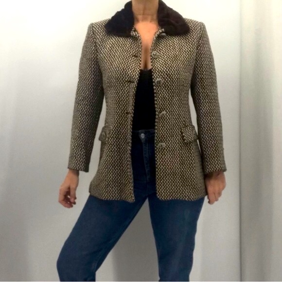 Vintage 90’s Luisa Spagnoli Boucle Knit Faux Fur Structured Blazer Jacket - Picture 5 of 16